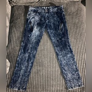 FUSAI Jeans by Focus 34x32 Vintage 80s Distressed Acid Wash Dark Blue Slim Fit